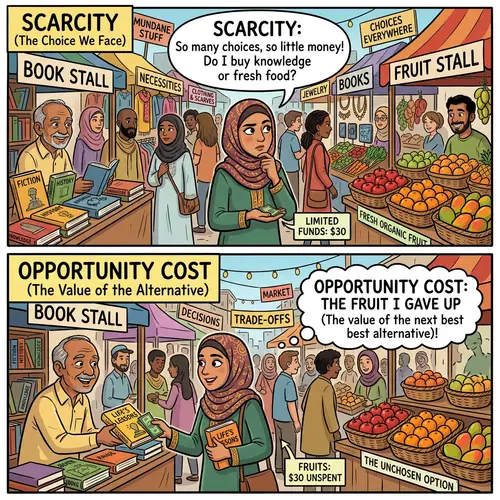 Scarcity vs Opportunity Cost: Editorial Cartoon in a Market