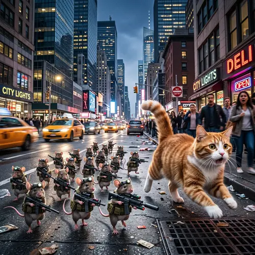 Mice with Firearms Chase Cat in City Scene