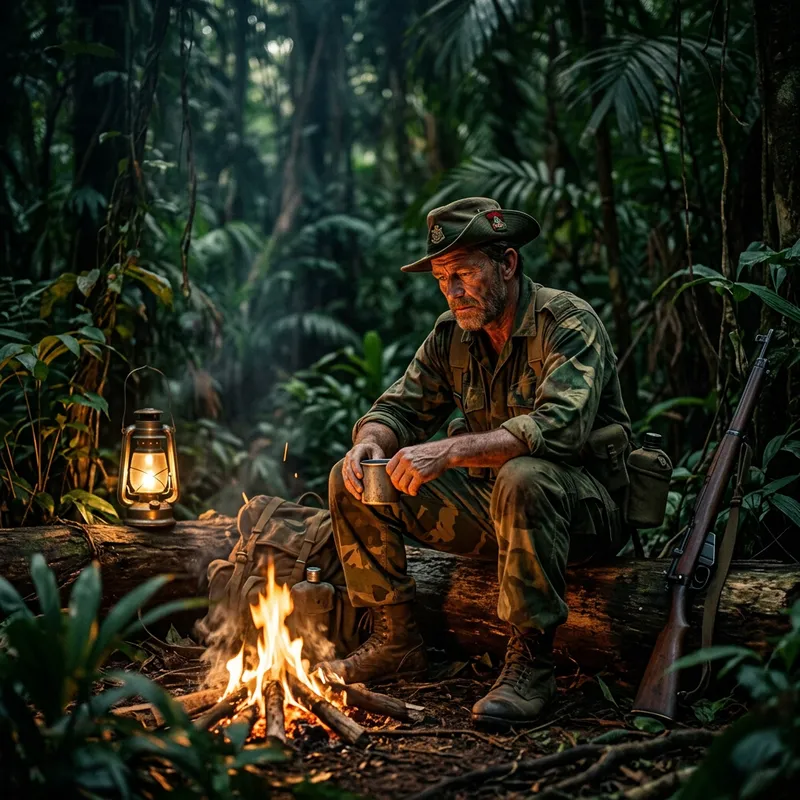 Solitary Soldier by Campfire in Malayan Jungle