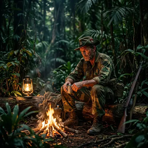Solitary Soldier by Campfire in Malayan Jungle