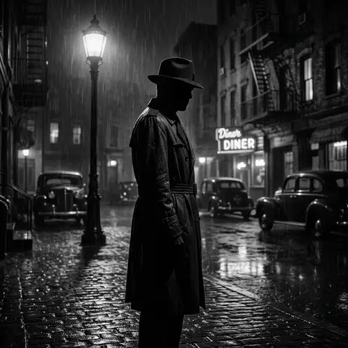 Mysterious Figure in 40s Hat and Raincoat