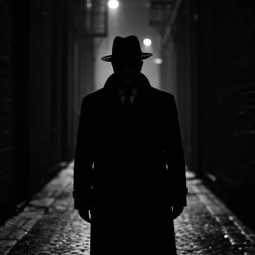 Mysterious Figure in 40s Hat and Raincoat