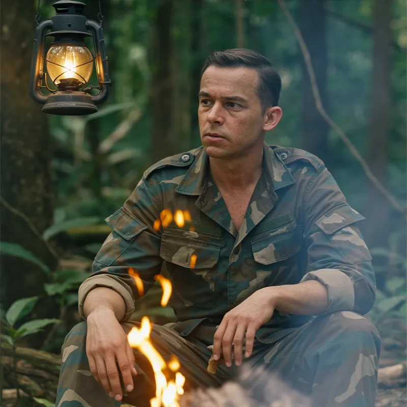 Solitary Soldier by Campfire in Malayan Jungle