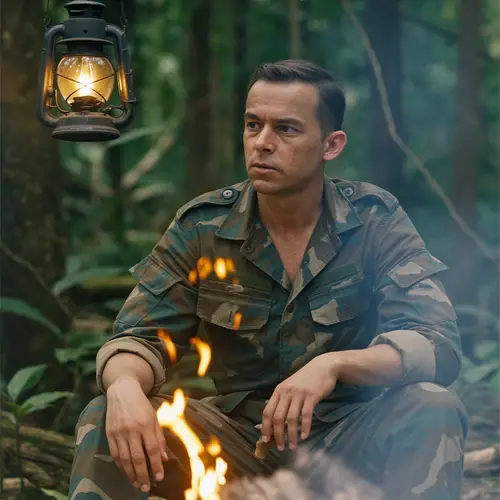 Solitary Soldier by Campfire in Malayan Jungle