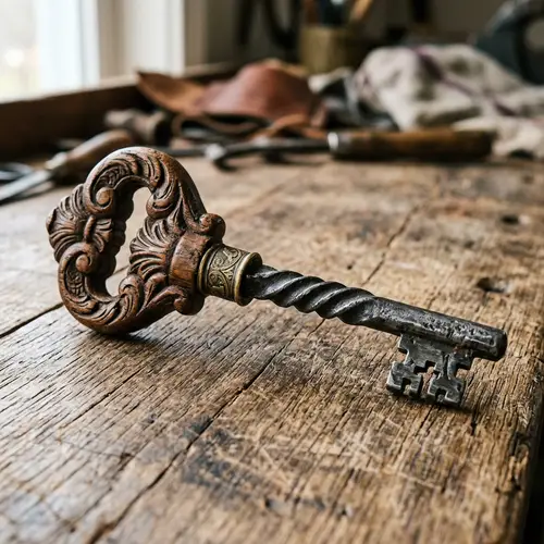 Twisted Metal Key with Wooden Handle - Vintage & Intricate Design