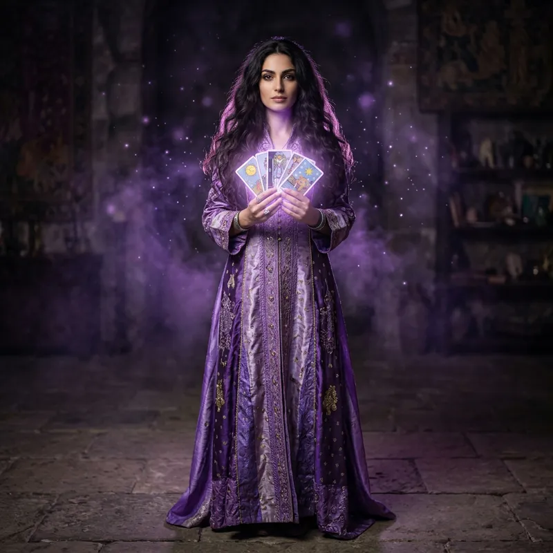 Mystical Woman with Tarot Cards in Ethereal Glow