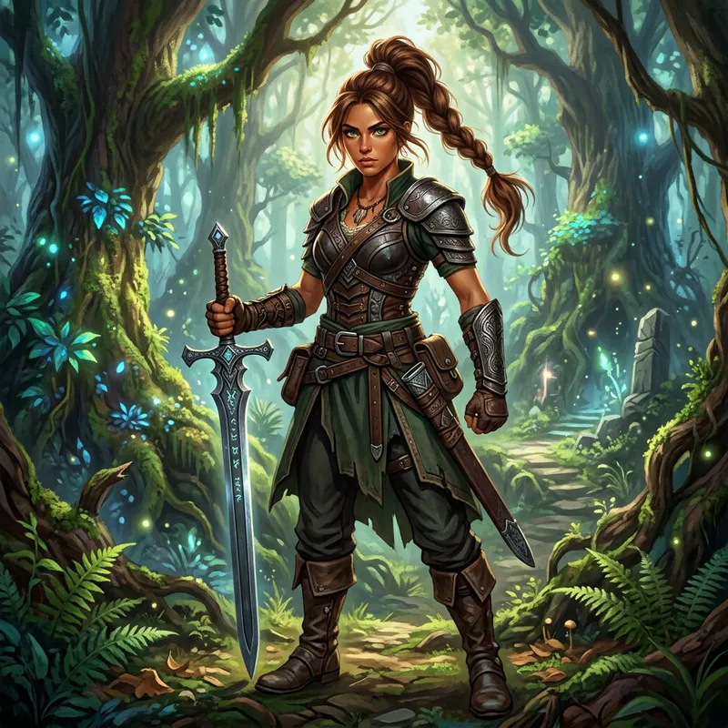 Fantasy Brunette with Green Eyes Holds Blade in Enchanted Woods
