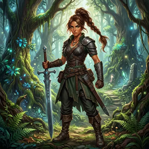 Hispanic Woman in Fantasy Attire Stands in Forest with Blade