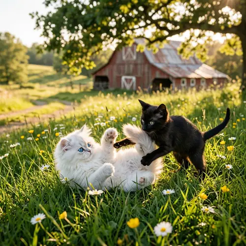 Playful White Persian and Black Siamese Kittens Frolicking in Sunny Meadow