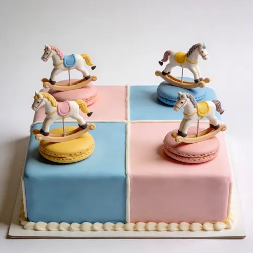Square Cake with Round Wafer and Rocking Horse Design