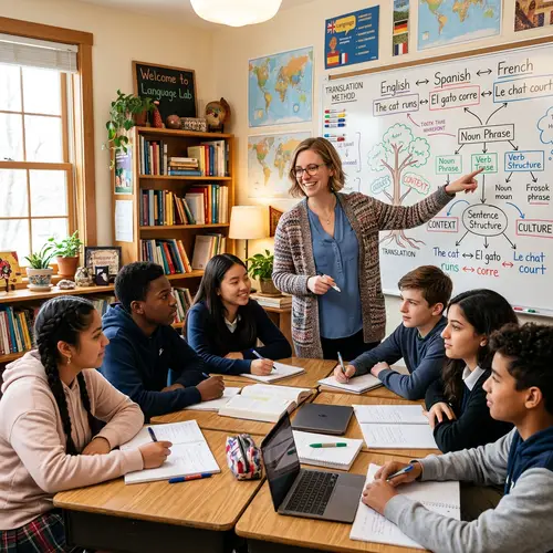 Professional Female Translator Translates Text for Diverse Students