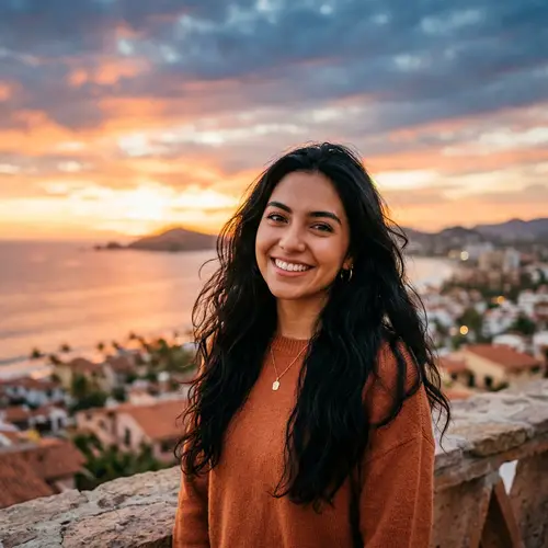 Young Hispanic Woman with Striking Features in Sunset Background
