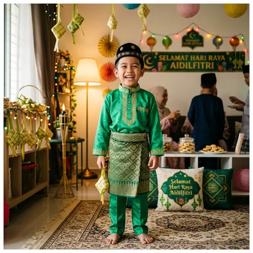 Young Muslim Boy in Traditional Hari Raya Outfit