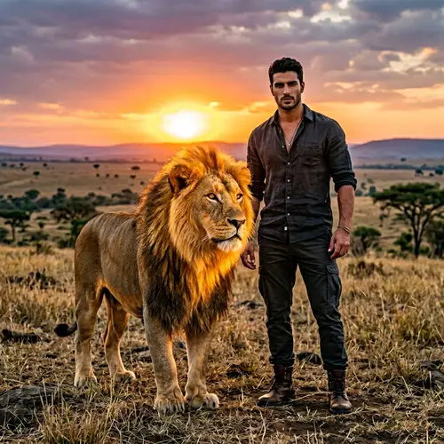 Middle-Eastern Model and Asiatic Lion on Grassland | Sunset Scene