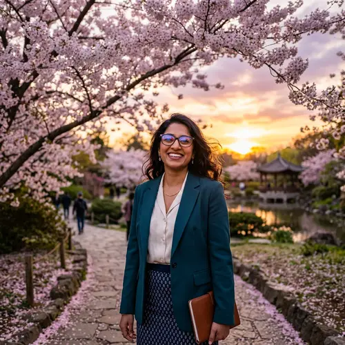 Elegant Beauty: South-Asian Woman in Cherry Blossoms