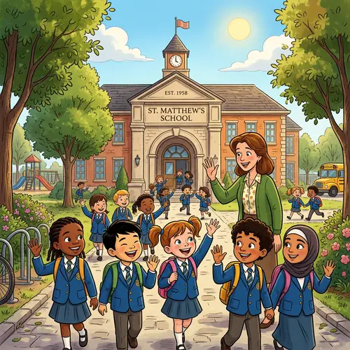 Classic Animated Film Scene: Kids Arriving at School