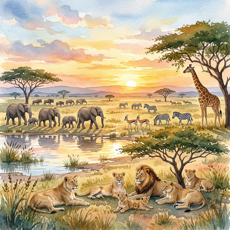 African Safari Watercolor Scene: Captivating Wildlife and Scenery