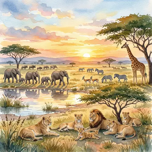 Watercolor African Safari Scene: Vibrant Wildlife and Scenery
