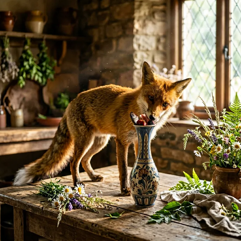 Crafty Fox Peeking into Tall Narrow Vase | Wildflower Scene Crafty Fox Peeking into Tall Narrow Vase | Wildflower Scene