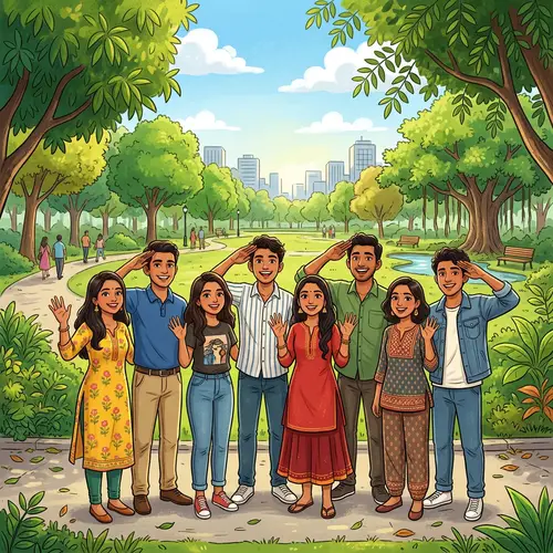 Happy Young Indian People in Urban Park | Diverse Group Illustration