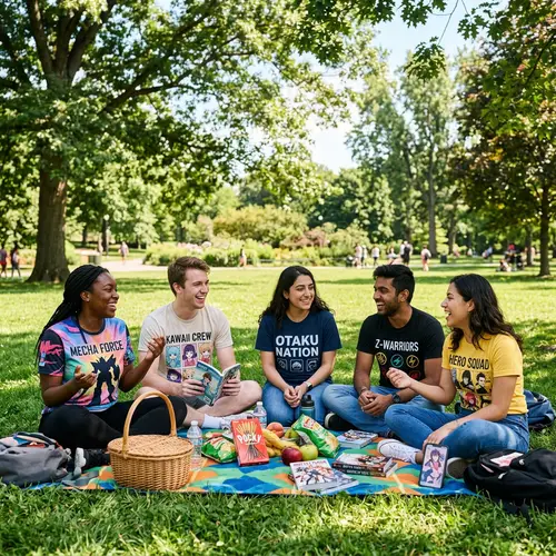 Happy Young Anime Fans Sharing Stories Outdoors