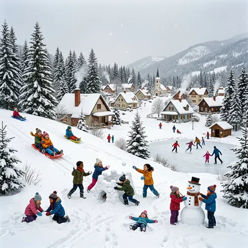 Winter Wonderland: Serene Snow-Covered Town with Joyful Activities