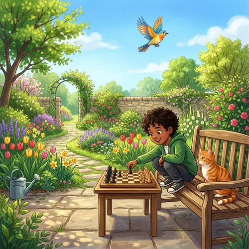 Verdant Springtime Garden Chess Game with Child and Cat