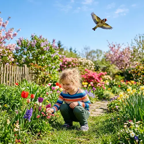 Sunny Springtime Garden with Child and Colorful Bird