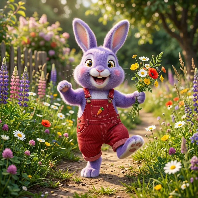 Cute Violet Rabbit in Red Overalls Smiling | Playful Purple Bunny Cute Violet Rabbit in Red Overalls Smiling | Playful Purple Bunny