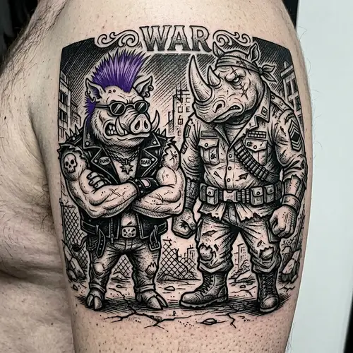 the boar bebop and the rhinoceros Rocksteady from the cartoon Teenage Mutant Ninja Turtles, tattoo in the graphic style of black and white