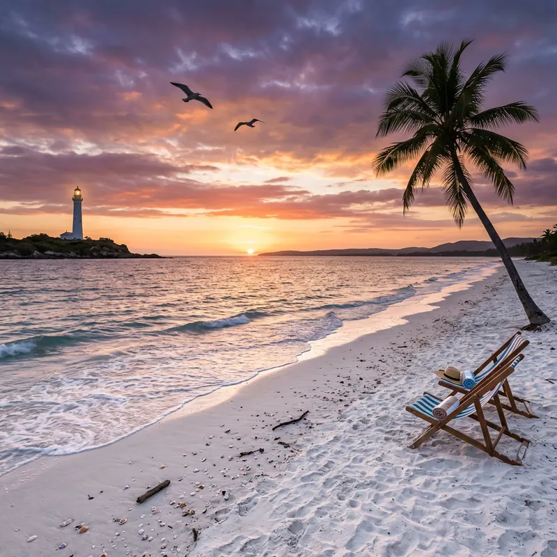 Beach Sunset: Pristine Sands, Seagulls & Lighthouse View