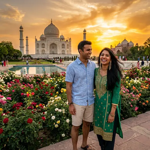 South Asian Woman in Front of Taj Mahal at Sunset