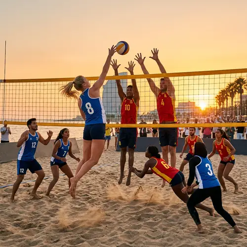Beach Volleyball Game in Spain: Energetic and Diverse Action