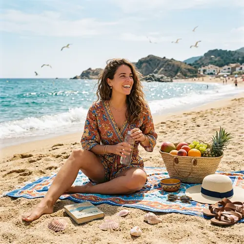 Young Spanish Woman Enjoying a Beach Day | Tropical Fruits & Seashells