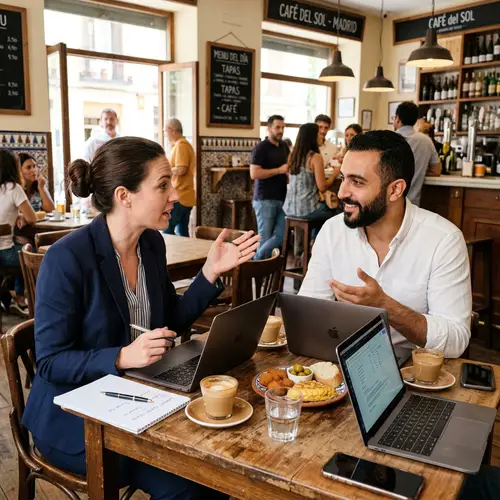 Startup Founders Meeting in a Spanish Cafe for Business Discussion