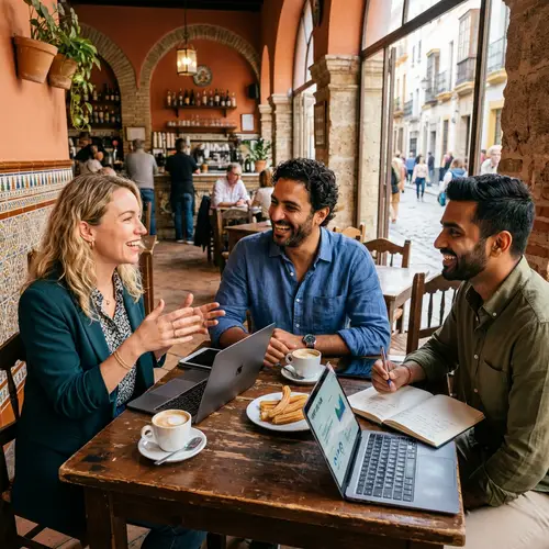 Diverse Startup Founders Meeting in Rustic Spanish Cafe