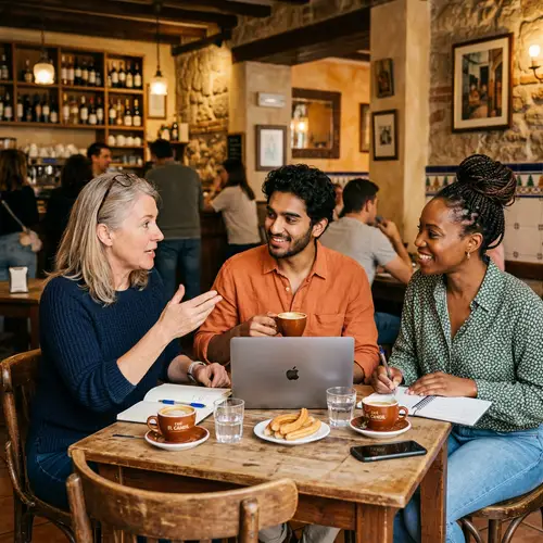 Diverse Founders Discussing Startup Ideas in Cozy Spanish Cafe