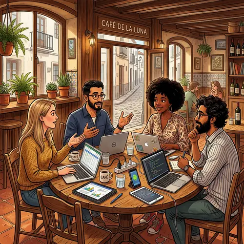 Digital Nomad Round Table Discussion in Cozy Spanish Cafe