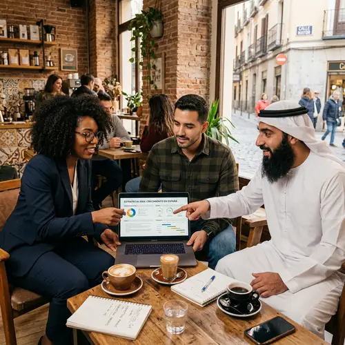 Diverse Startup Founders Discussing Project Plan in Spain Cafe