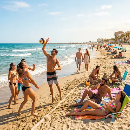 Modern Spanish Individuals Enjoying a Perfect Beach Day
