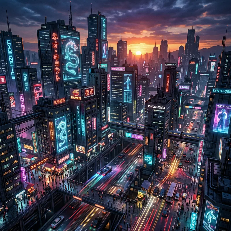 Neon Cyberpunk Cityscape: Futuristic Urban Hustle & Bustle