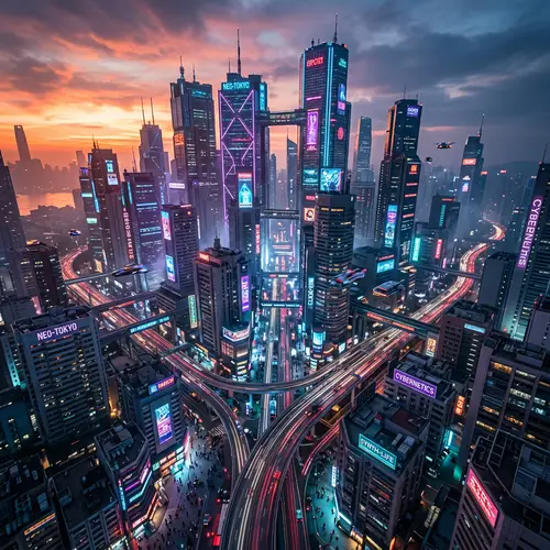Futuristic Cyberpunk City Skyline at Sunset
