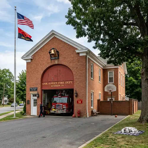 Traditional Fire Station with Red Door and Brass Bell