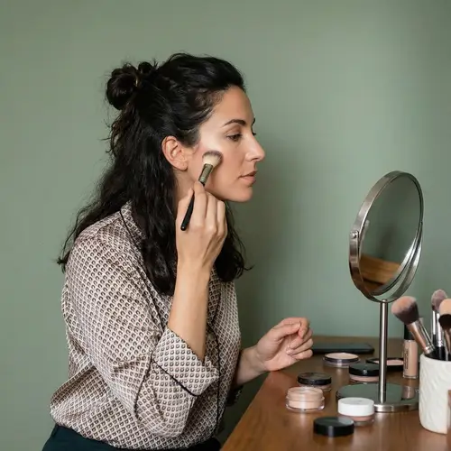 Middle-Eastern Woman Applying Makeup on Soft Green Background