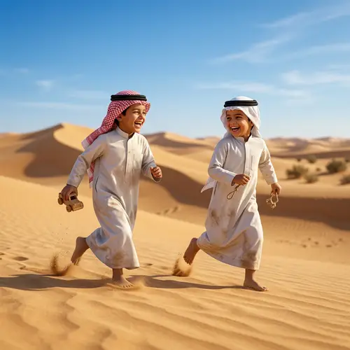 Saudi Arabian Boys Playing in Sunlit Desert