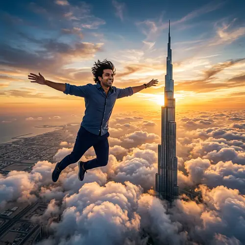 South Asian Man Embracing Vast Sky by Burj Khalifa in Dubai