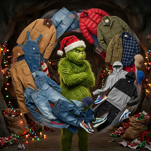 Designer Clothes Swirling Around Classic Holiday Character