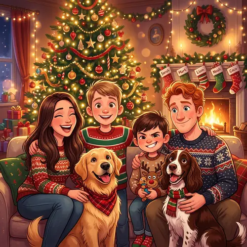 Whimsical Christmas Family Portrait Illustration