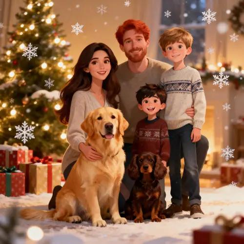 Whimsical Christmas Family Portrait Illustration