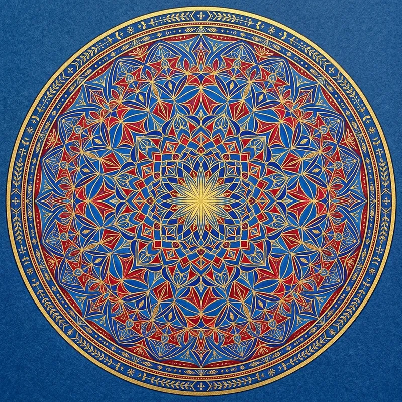Colorful Kaleidoscopic Circle Design in Blue, Red & Gold